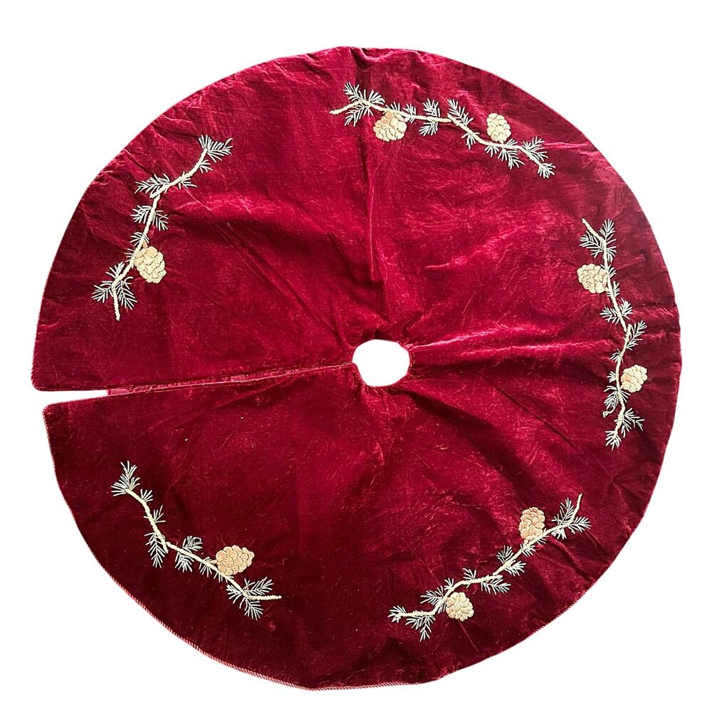 Martha Stewart Everyday Deep Red Velvet Embroidered Pinecone Needles Tree Skirt